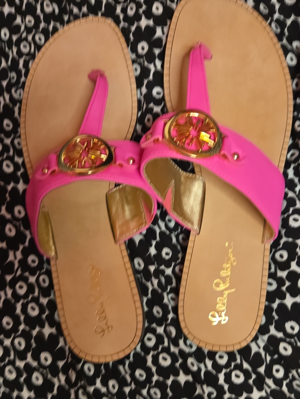 Lilly Pulitzer Hot Pink Thong Sandals with Gold Medallion